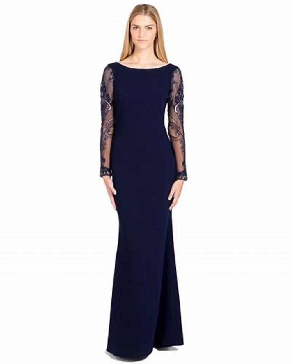 Badgley Mischka Navy Blue Beaded Long Sleeve Bateau Neck Train Gown Size 12